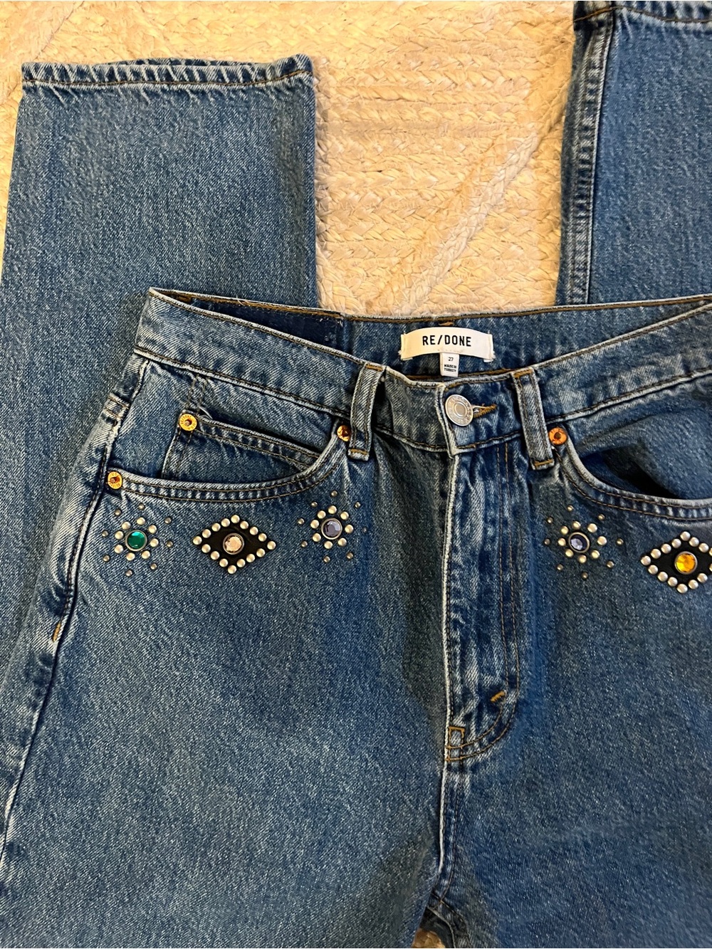 Re/Done Women's 70s Straight Jeans in Jewel Studded Indigo - Picture 2 of 5